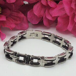 Men Stainless Steel Bicycle Chain Bracelet 8 Inch Black Rubber Biker Steampunk